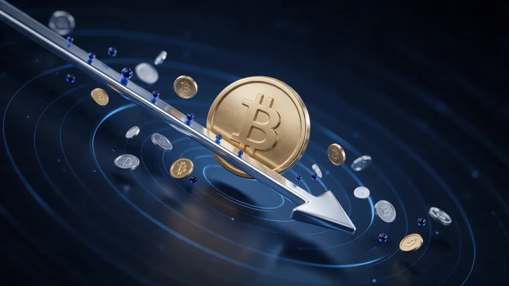 عملة بيتكوين ذهبية مائلة مع سهم فضي هابط وعملات صغيرة متناثرة.