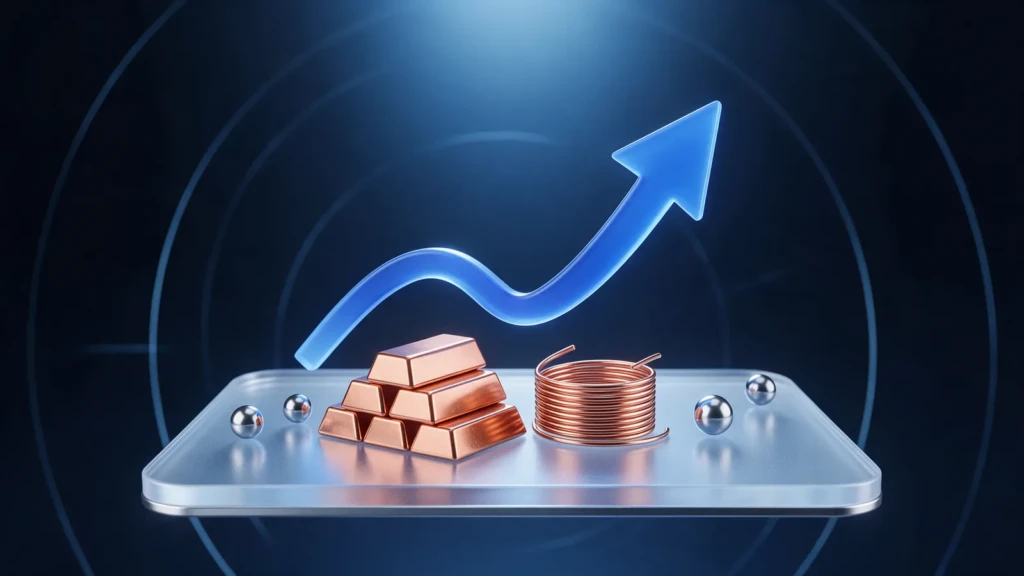 Shiny copper ingots and a coil of copper wire on a glass platform with a rising blue arrow.