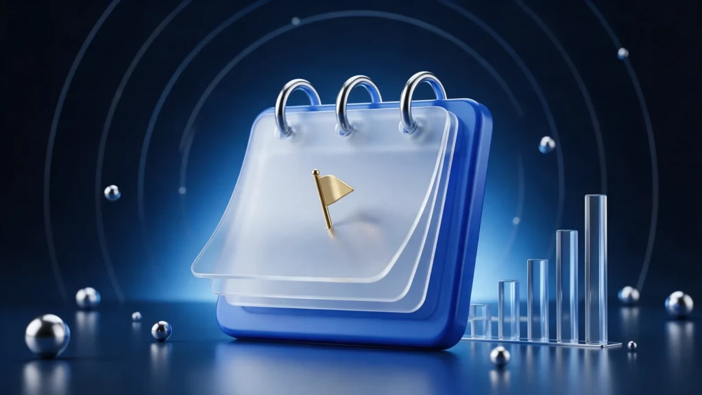 A 3D blue glass calendar with a gold flag and glass data bars.